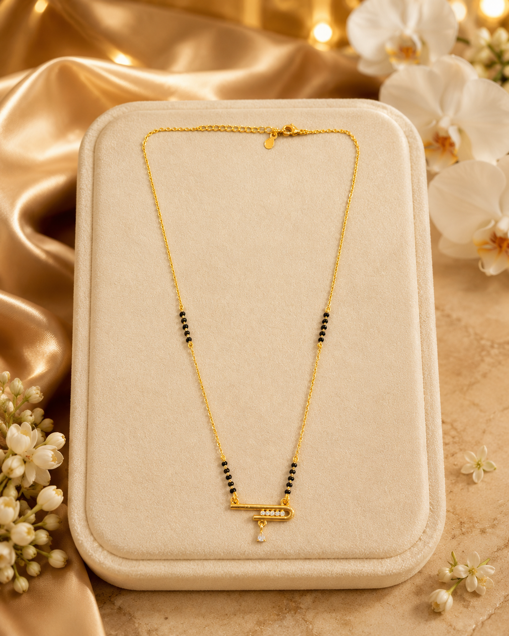 Gold-Plated Minimalist Bar Design Mangalsutra for Women | CZ Stone Black Bead Chain Necklace | Elegant Daily Wear Traditional Jewellery