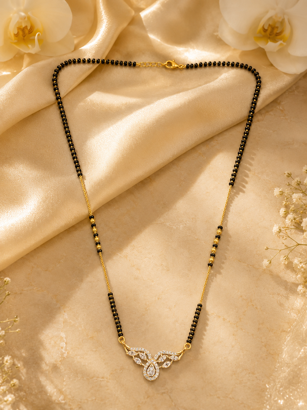 Elegant Gold-Plated CZ Leaf Teardrop Mangalsutra for Women | Minimal Black Bead Chain Necklace | Traditional Daily Wear Jewellery