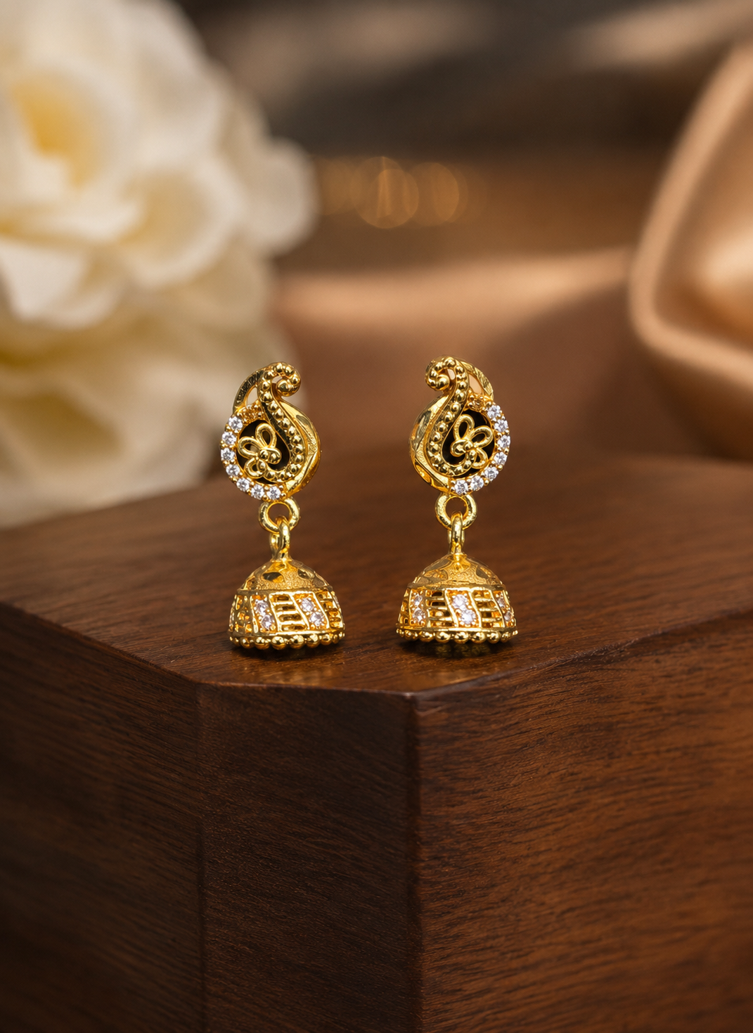 Floral Paisley Crystal Gold-Tone Bell Jhumka Earrings