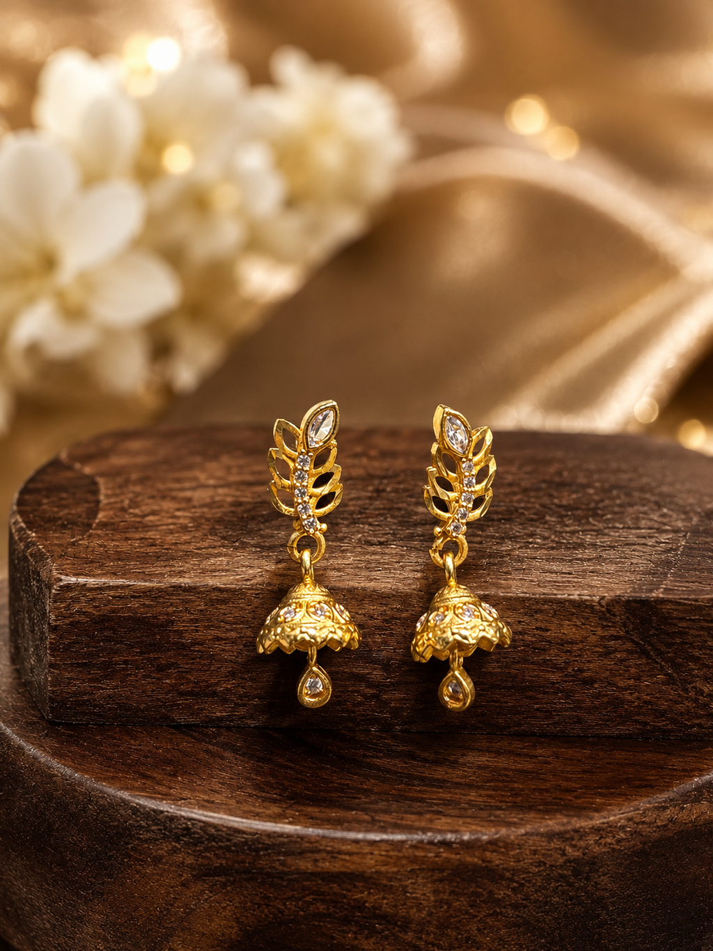 Crystal Leaf Gold-Tone Drop Jhumka Earrings