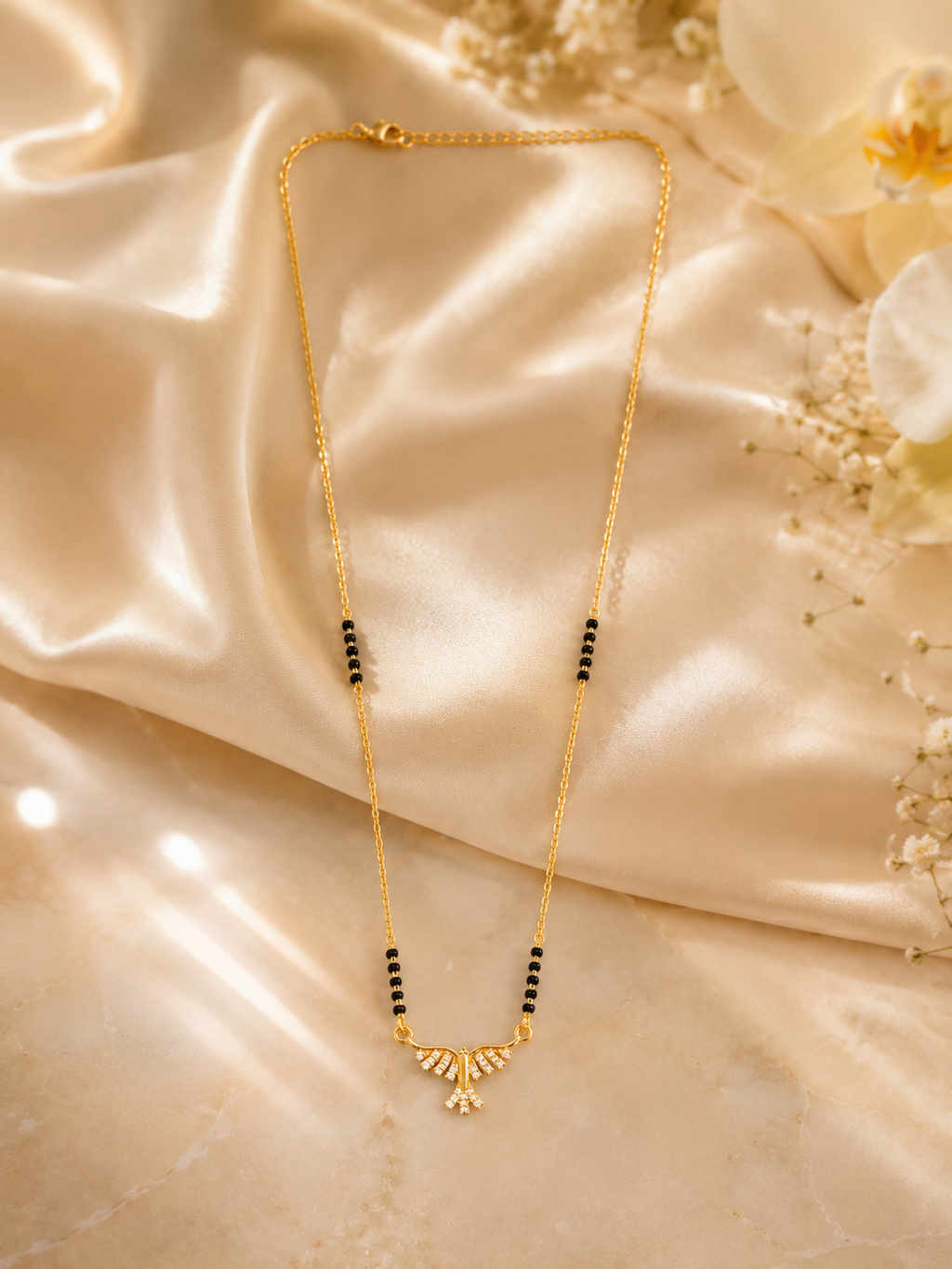 Elegant Gold-Plated CZ Bird Pendant Mangalsutra for Women | Minimal Black Bead Chain | Traditional & Daily Wear Necklace
