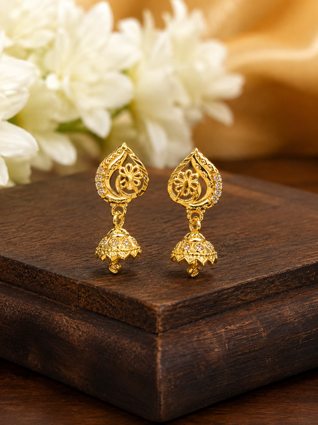 Golden Floral Teardrop Mini Jhumka Earrings with Crystal Detailing