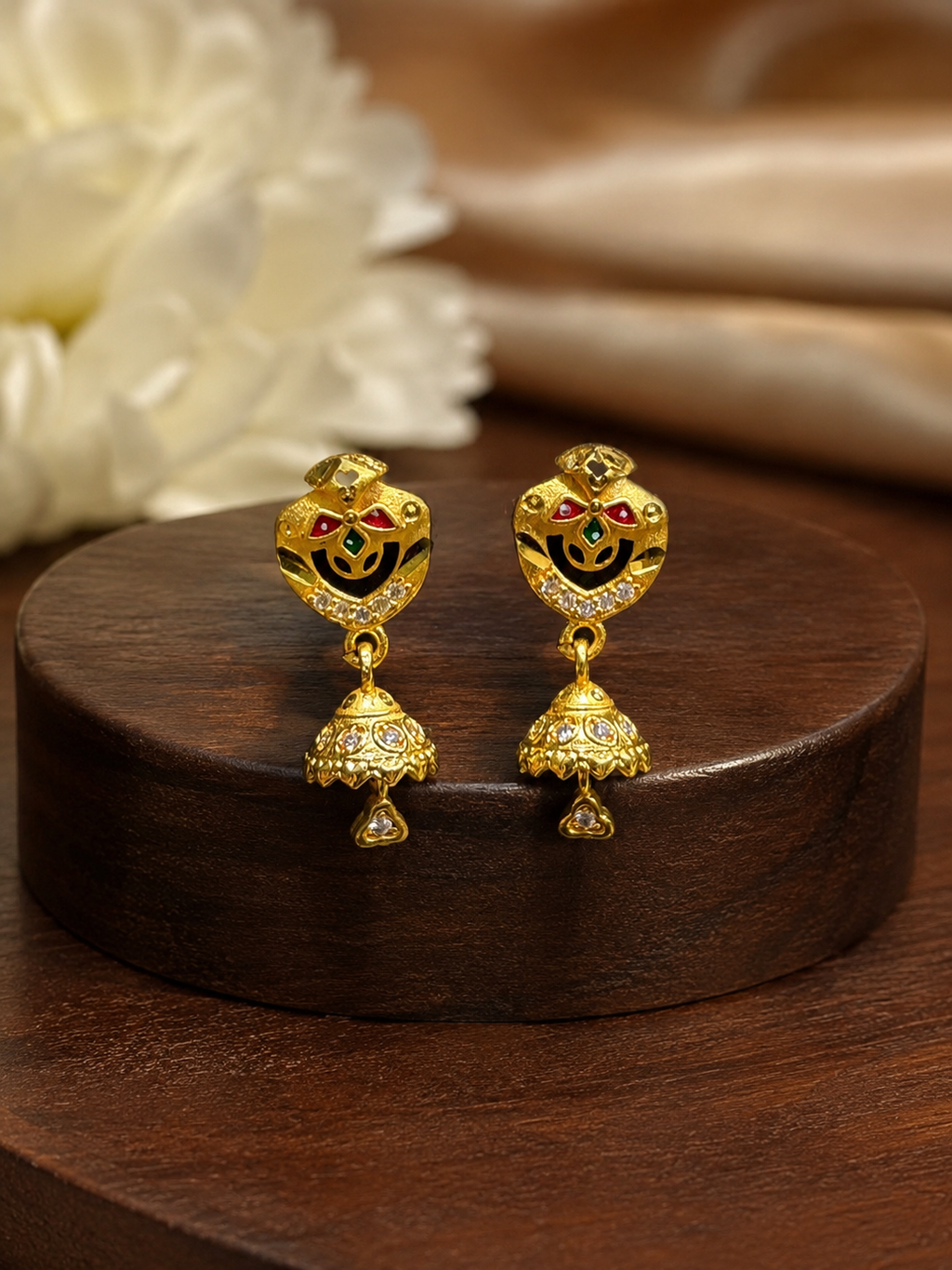 Traditional Meenakari Gold-Tone Jhumka Drop Earrings with Crystal Detailing