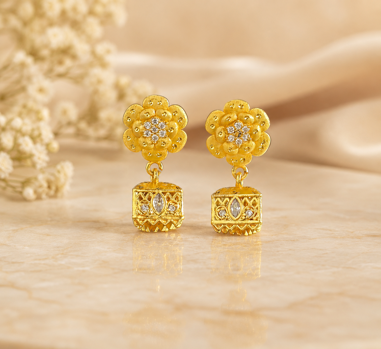 Gold-Tone Floral Stone Studded Square Jhumka Earrings for Women