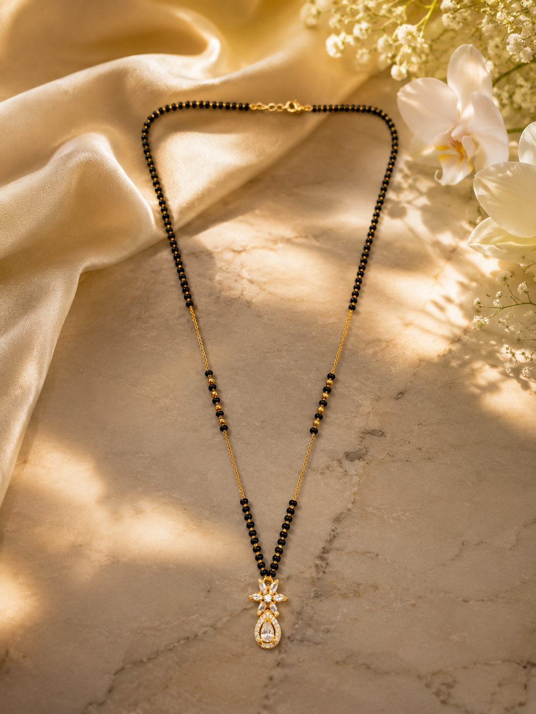 Elegant Gold-Plated CZ Floral Teardrop Mangalsutra for Women | Minimal Black Bead Chain Necklace | Traditional Daily Wear Jewellery