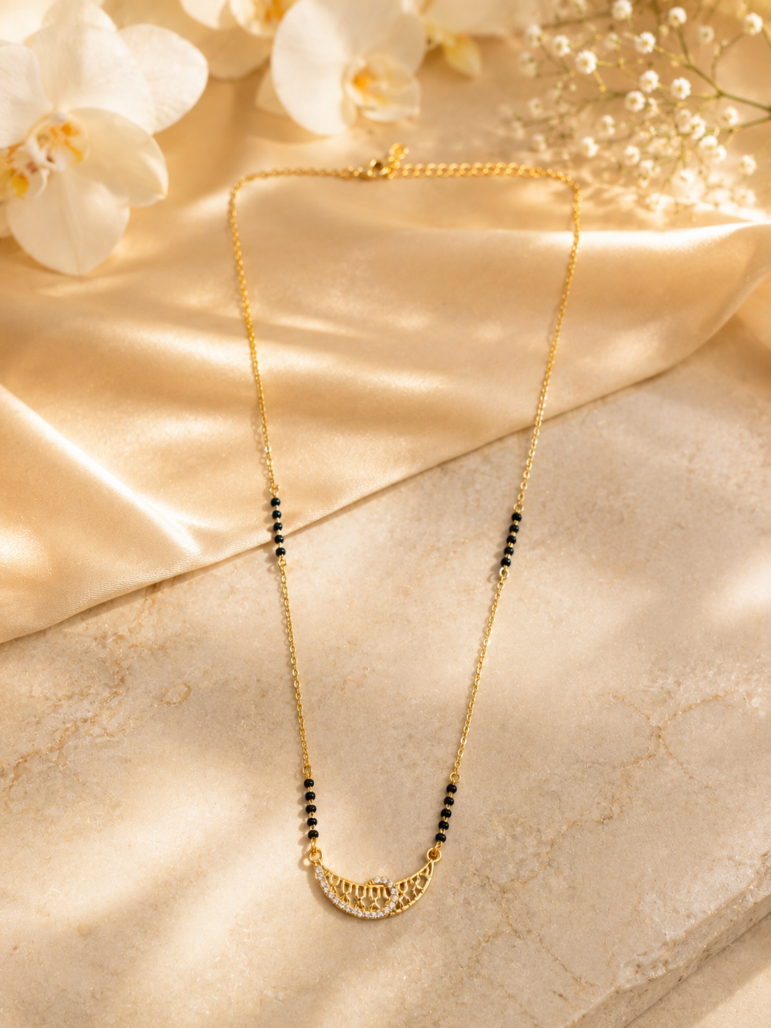 Elegant Gold-Plated CZ Half Moon Mangalsutra for Women | Minimal Black Bead Chain | Traditional & Daily Wear Necklace