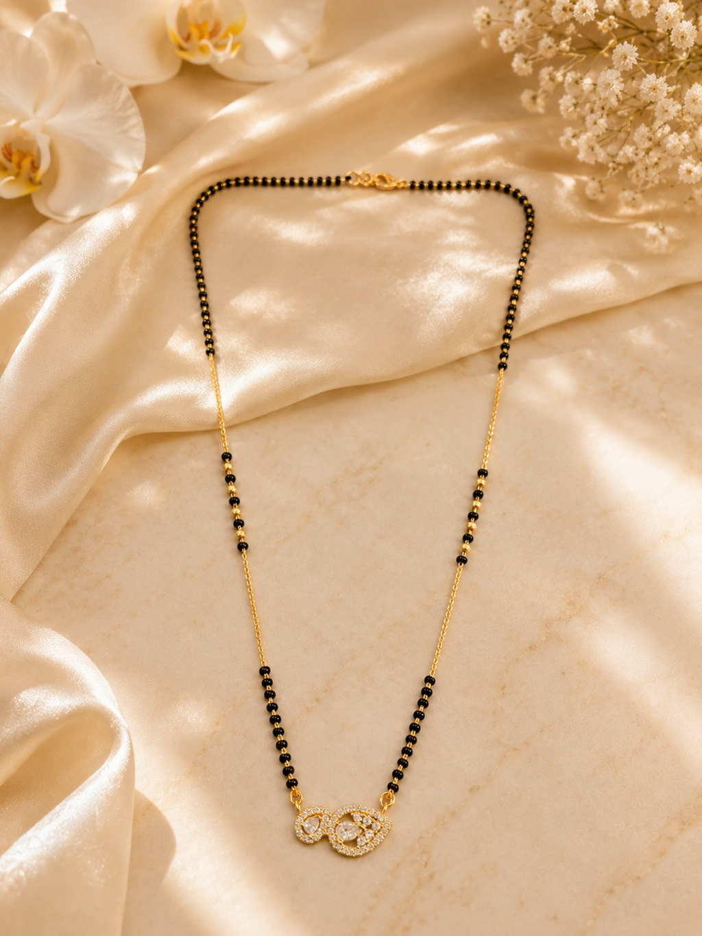 Elegant Gold-Plated CZ Infinity Mangalsutra for Women | Minimal Black Bead Chain Necklace | Traditional Daily Wear Jewellery