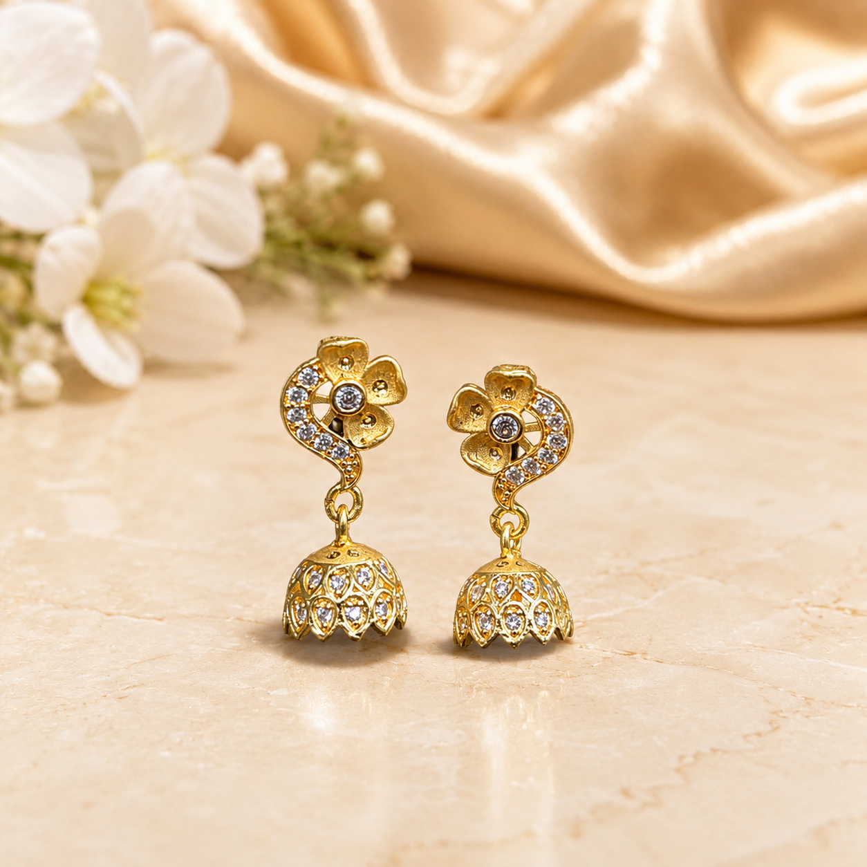 Elegant Gold-Plated Floral CZ Jhumka Earrings for Women