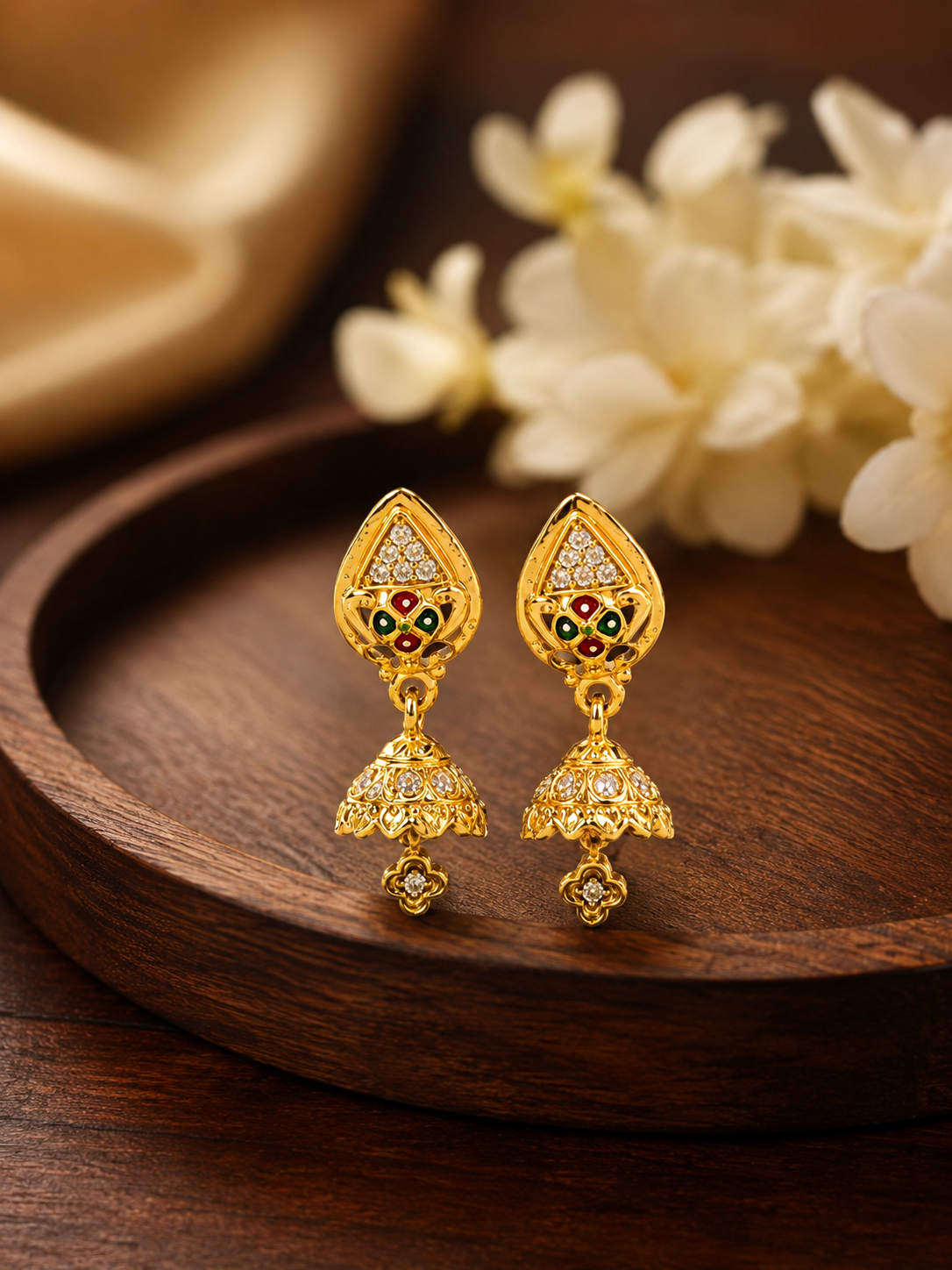 Traditional Gold-Plated Meenakari Floral Jhumka Earrings with Crystal Stones