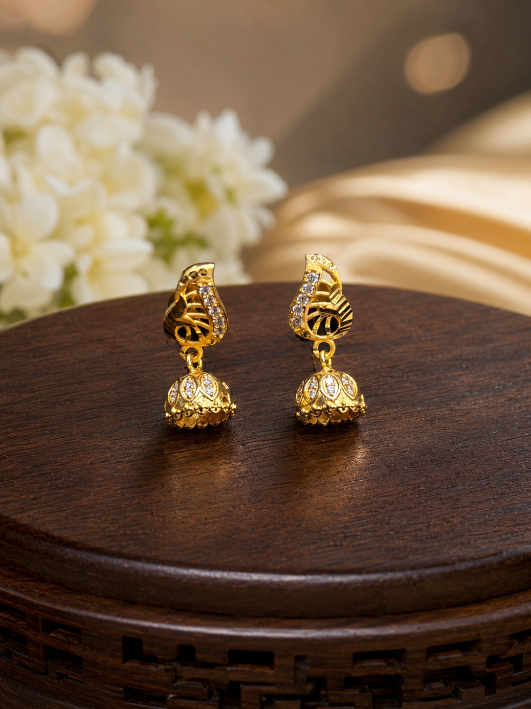 Elegant Gold-Plated Leaf Design Mini Jhumka Earrings with White Stones for Women