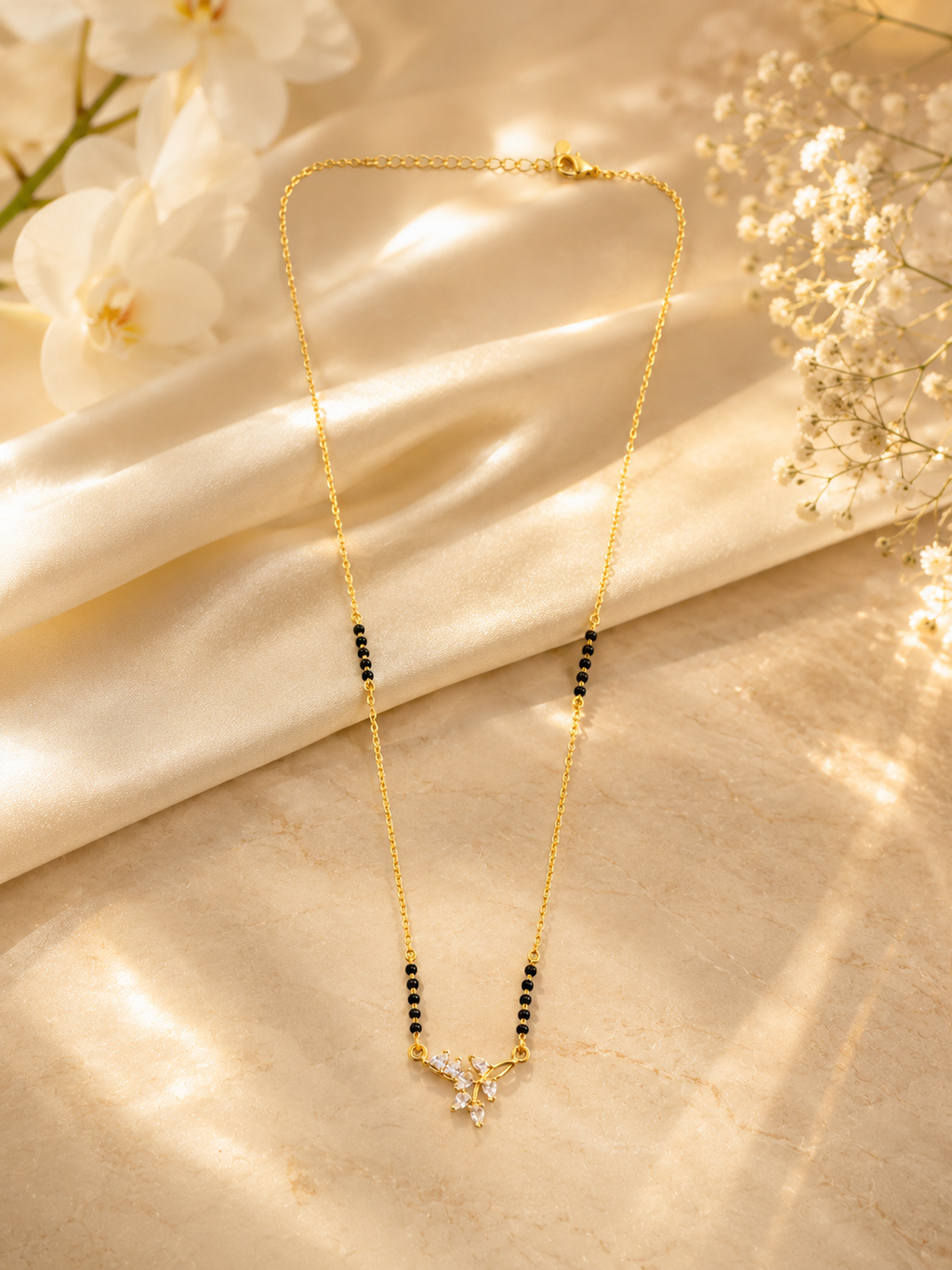 Elegant Gold-Plated Floral CZ Mangalsutra Necklace for Women | Minimalist Black Bead Chain | Traditional & Daily Wear Jewellery