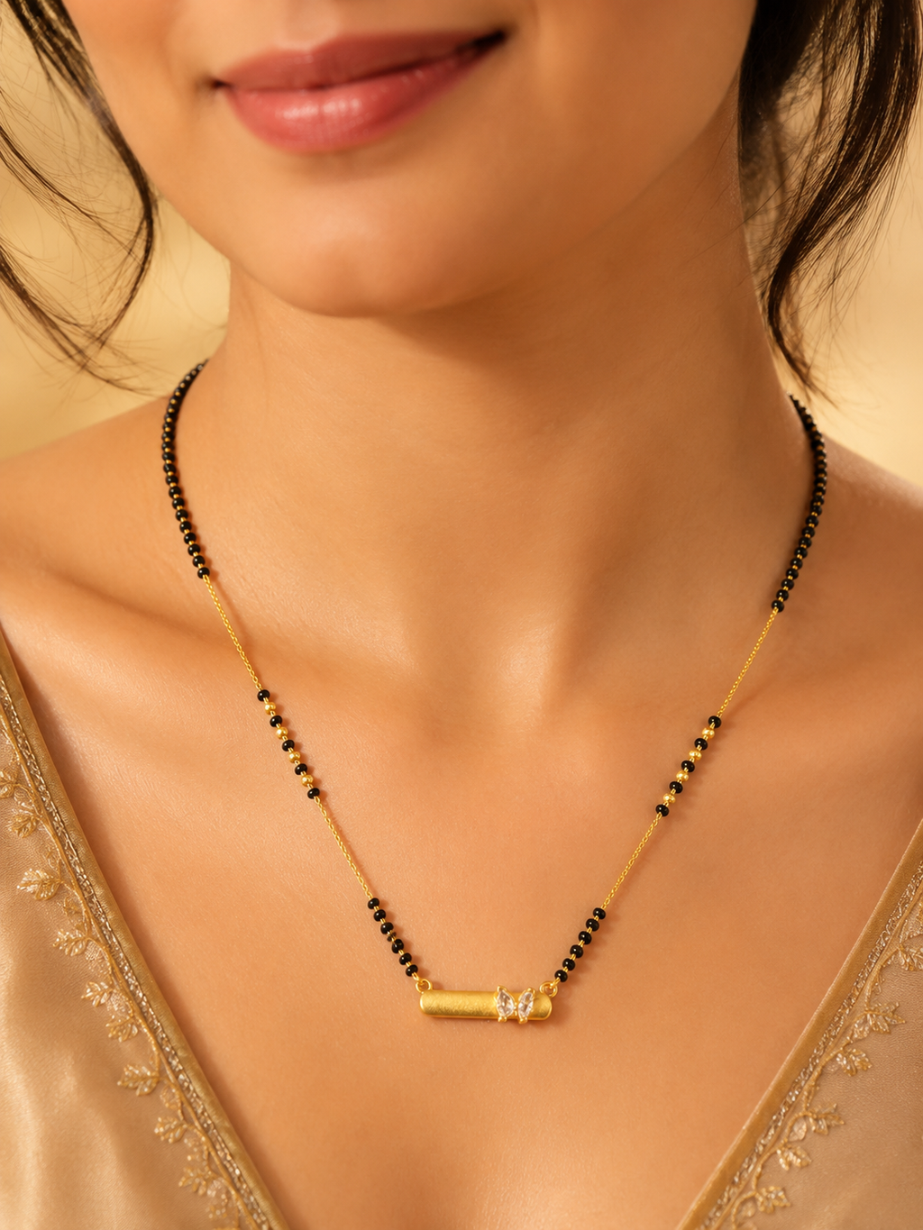 Elegant Gold-Plated Butterfly Bar Mangalsutra for Women | Minimal Black Bead Chain Necklace | Traditional Daily Wear Jewellery