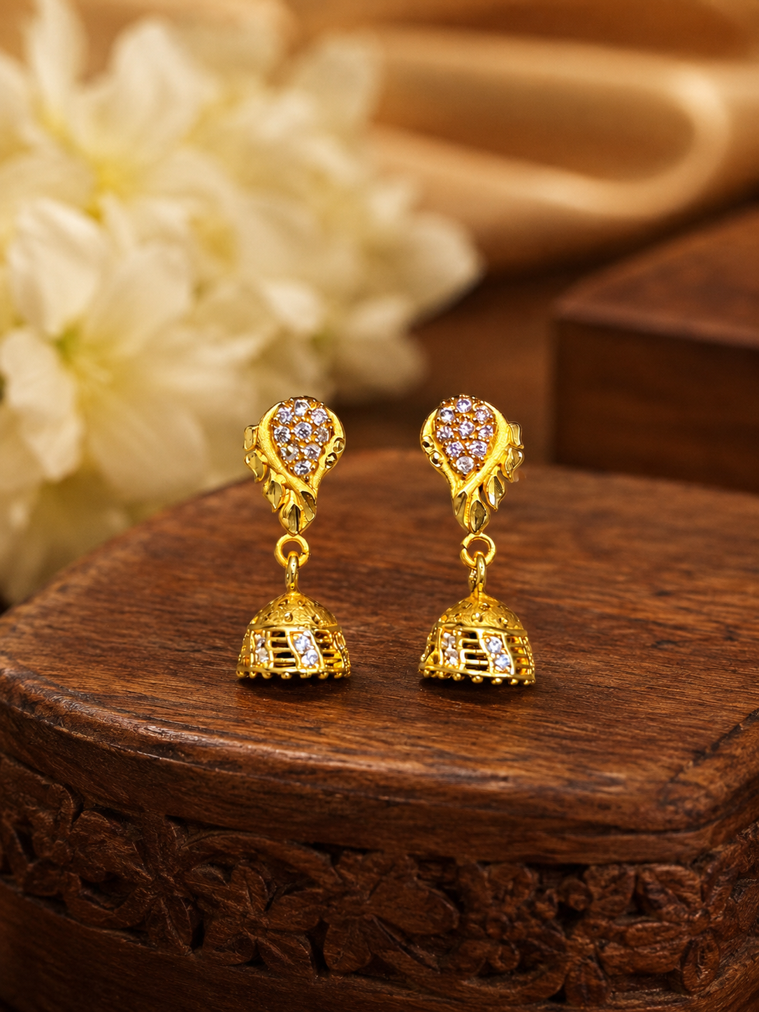 Gold-Plated Floral AD Stone Drop Jhumka Earrings for Women