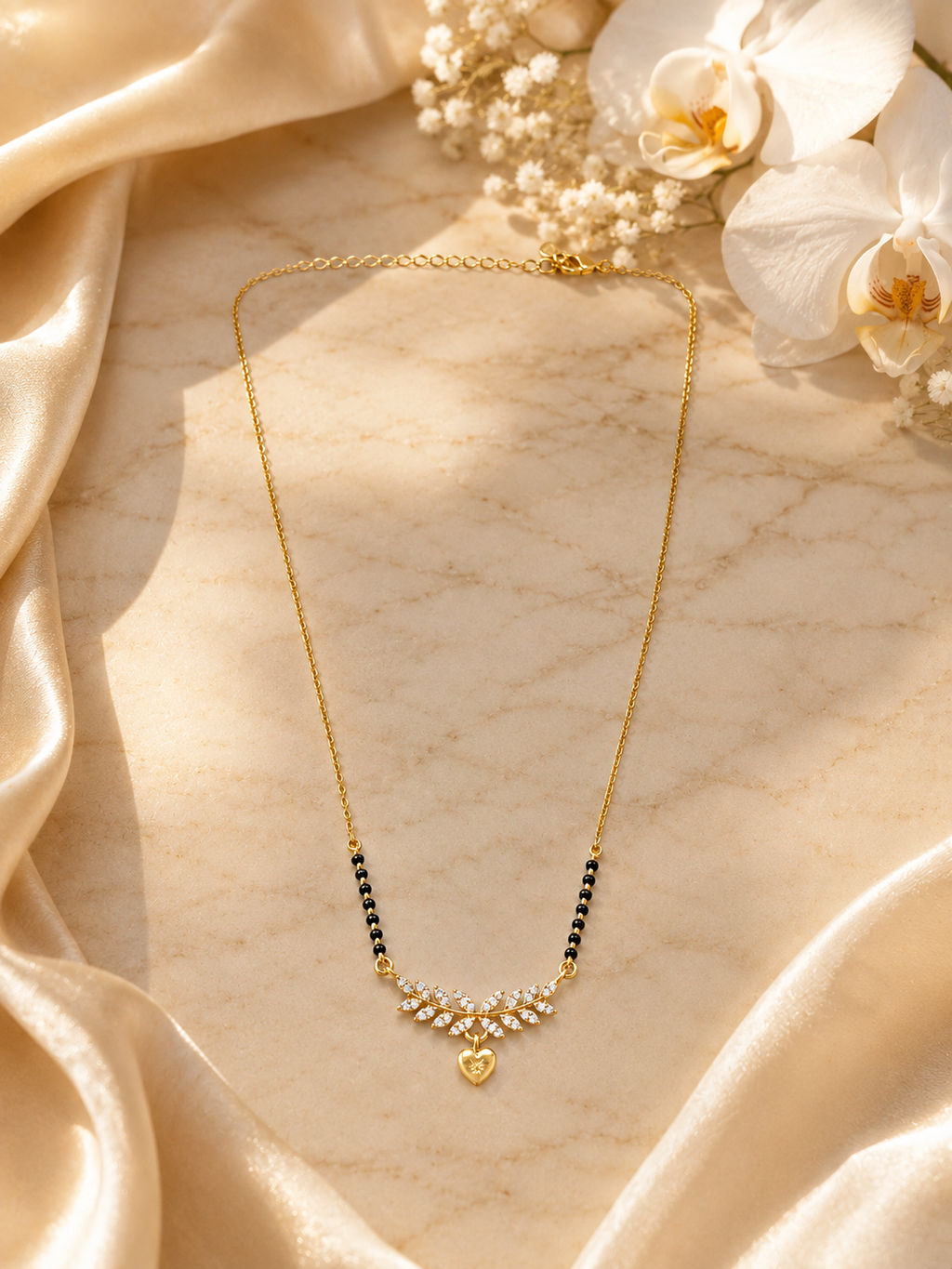 Elegant Gold-Plated CZ Leaf Heart Mangalsutra for Women | Minimal Black Bead Chain Necklace | Traditional Daily Wear Jewellery