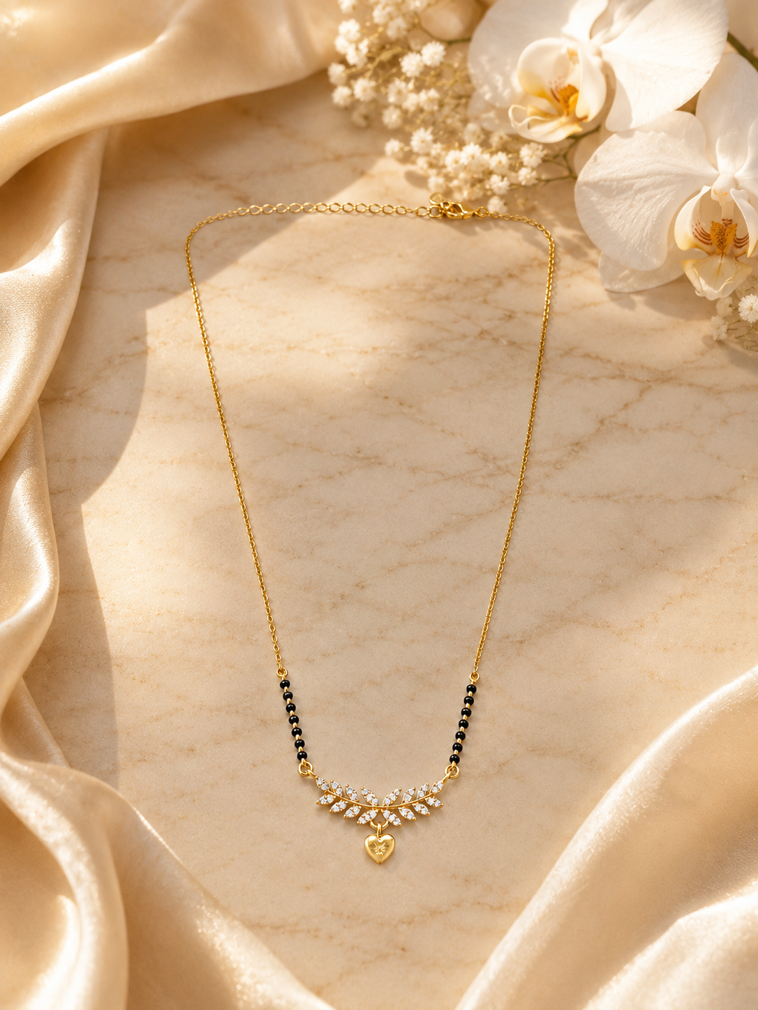 Elegant Gold-Plated CZ Leaf Heart Mangalsutra for Women | Minimal Black Bead Chain Necklace | Traditional Daily Wear Jewellery