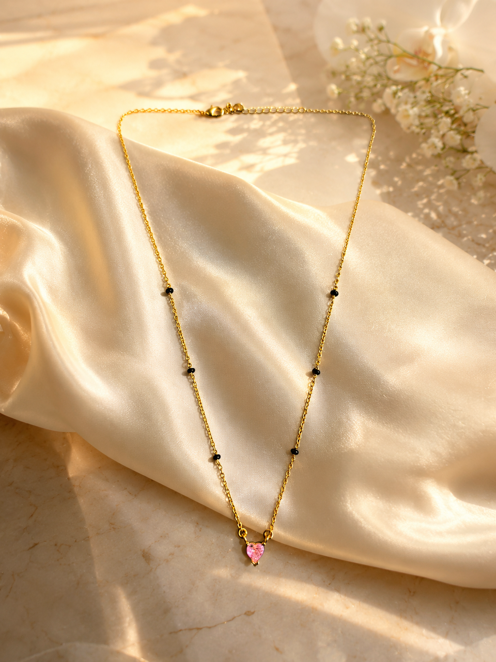 Gold-Tone Black Bead Pink Heart Pendant Mangalsutra Necklace for Women