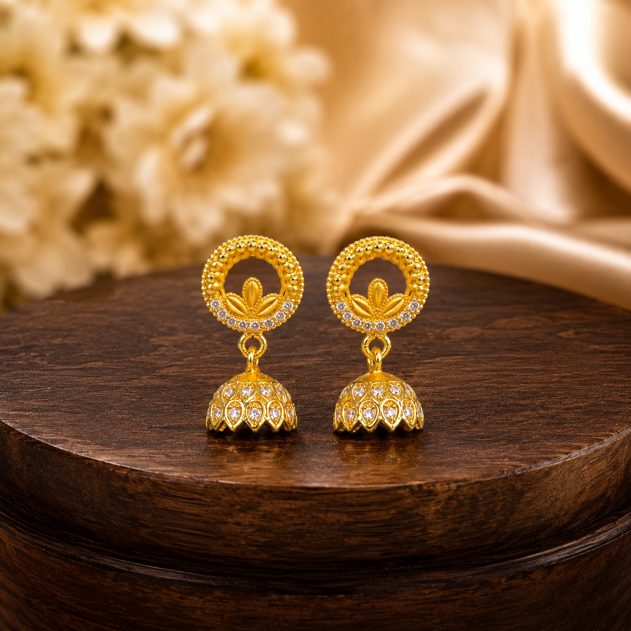 Traditional Gold-Plated Lotus Jhumka Earrings with Sparkling Stone Work