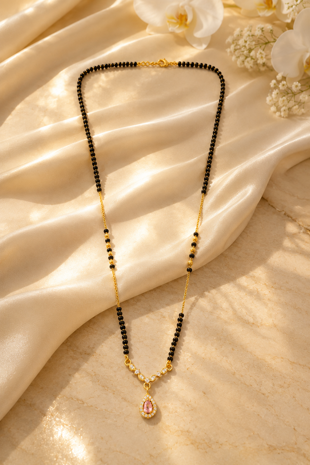 Gold-Plated Minimalist Bar Design Mangalsutra for Women | CZ Stone Black Bead Chain Necklace | Elegant Daily Wear Traditional Jewellery