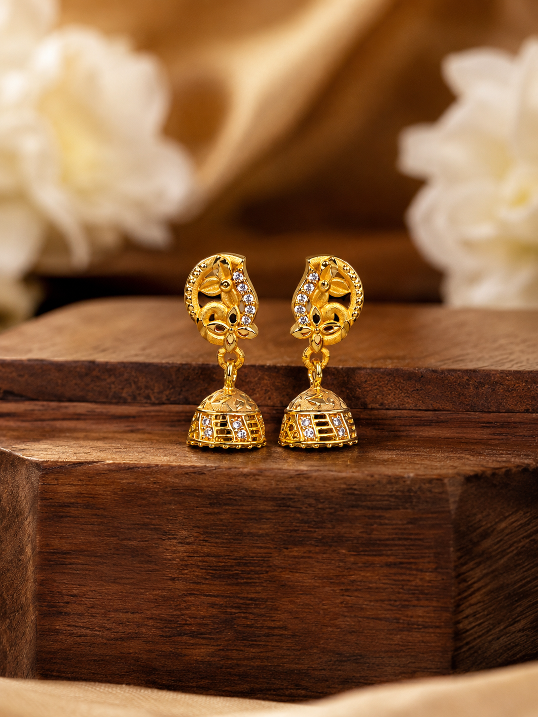 Peacock Floral Gold-Plated Jhumka Earrings with Crystal Stone Detailing