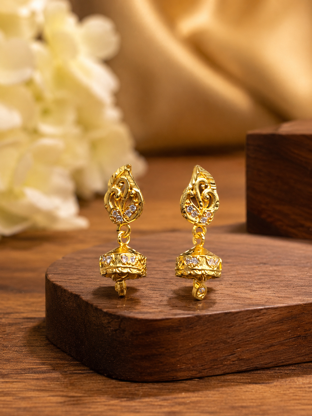 Golden Peacock Leaf Design CZ Stone Jhumka Earrings for Women