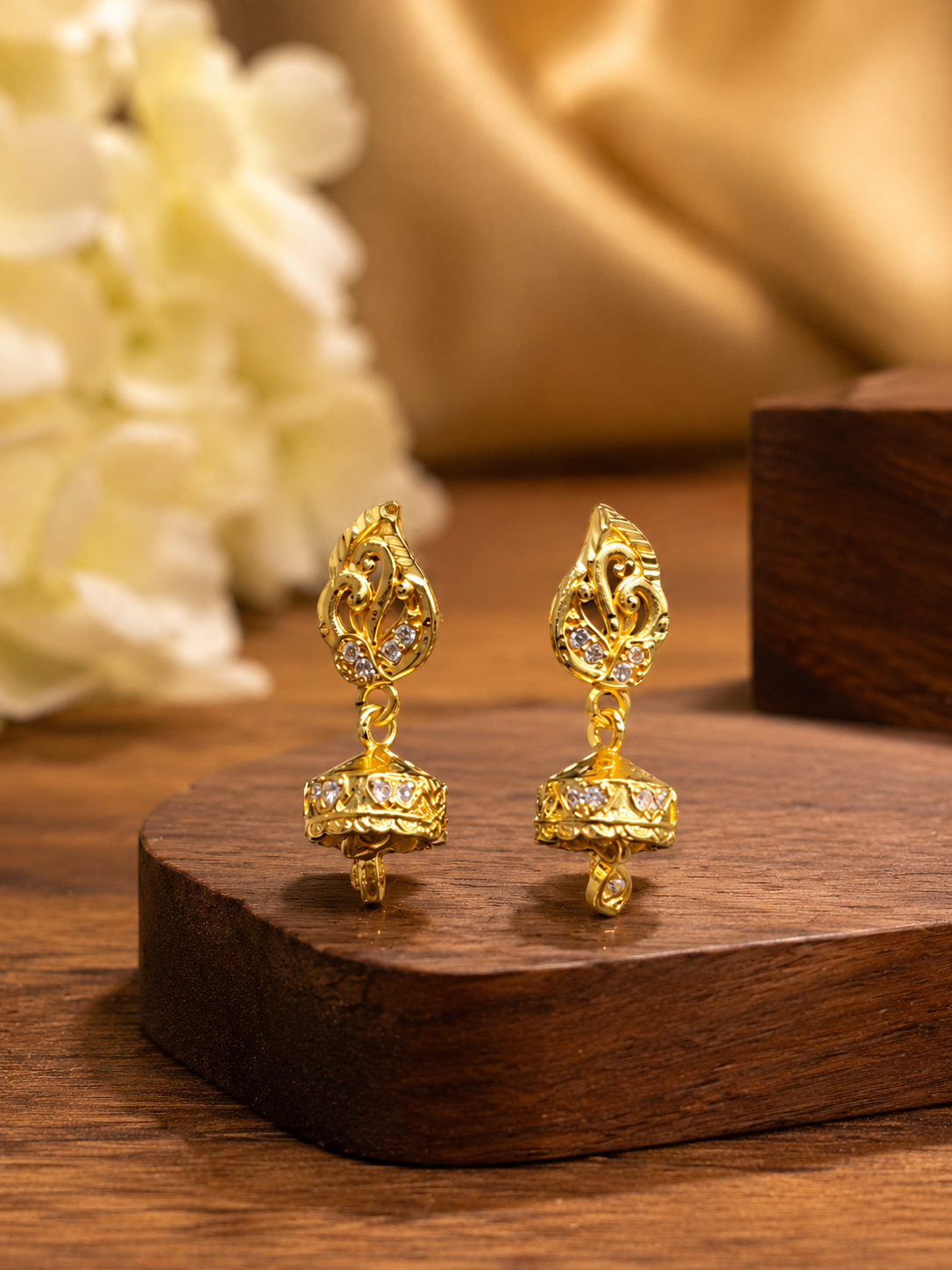 Golden Peacock Leaf Design CZ Stone Jhumka Earrings for Women