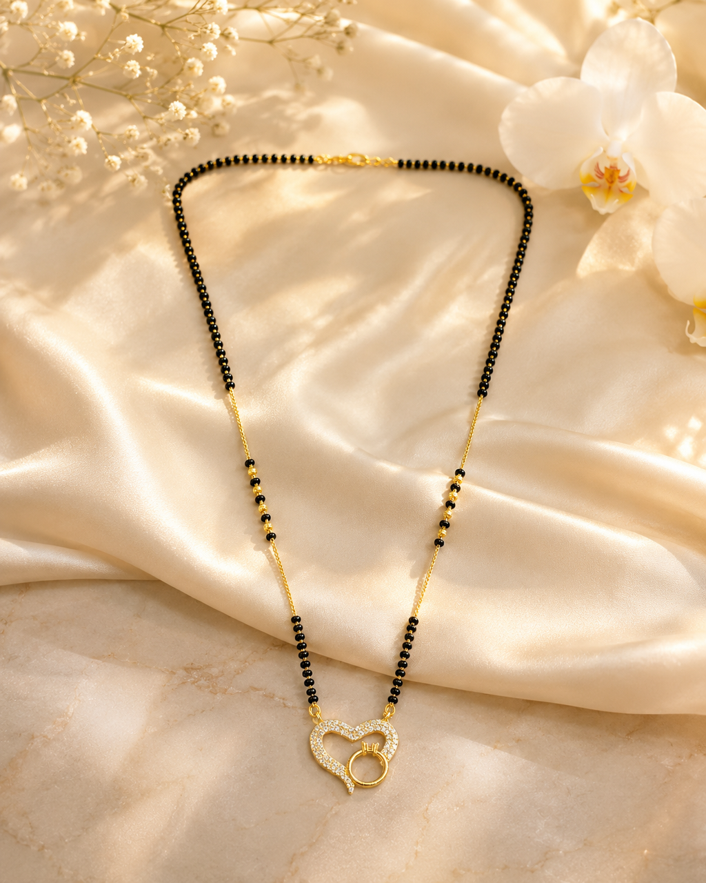 Gold-Plated CZ Heart Ring Design Mangalsutra for Women | Elegant Black Bead Chain Necklace | Minimal Daily Wear Jewellery