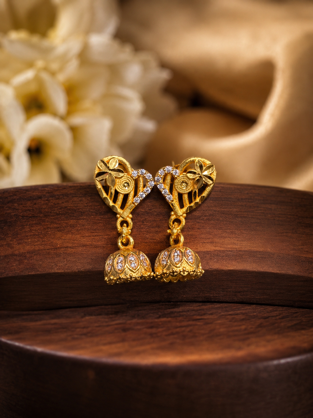 Floral Heart Gold-Tone Crystal Jhumka Earrings