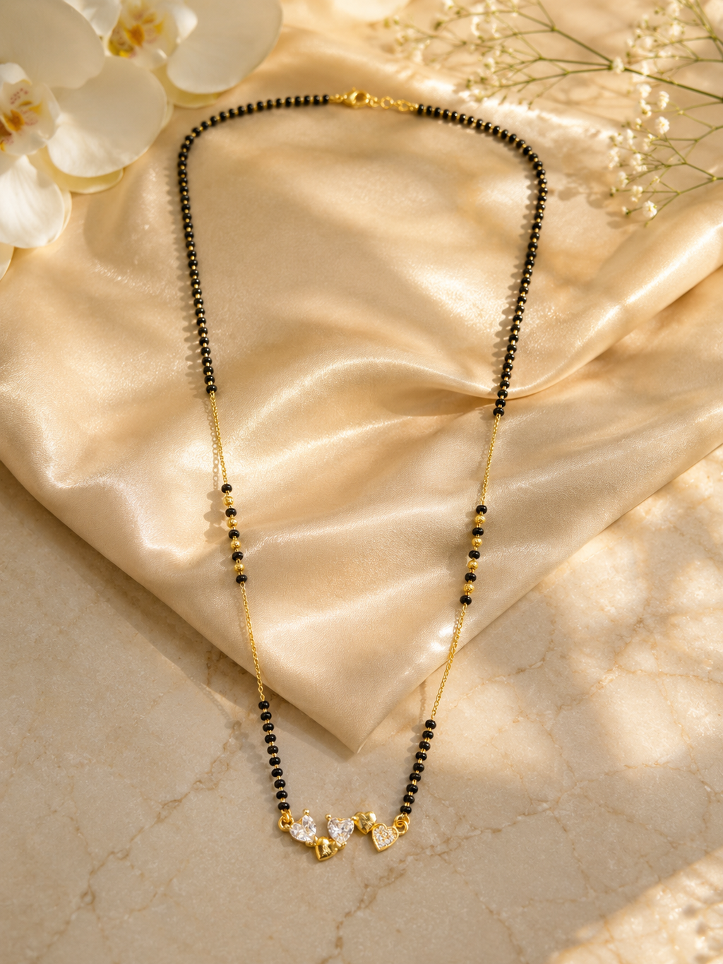 Elegant Gold-Plated Triple Heart CZ Mangalsutra for Women | Minimal Black Bead Chain Necklace | Traditional Daily Wear Jewellery