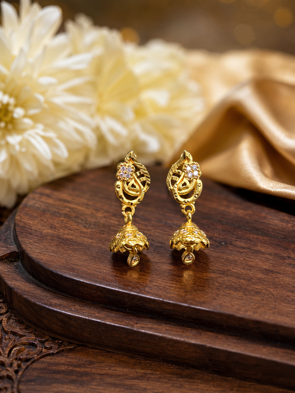 Floral Leaf Design Gold-Plated Mini Jhumka Earrings