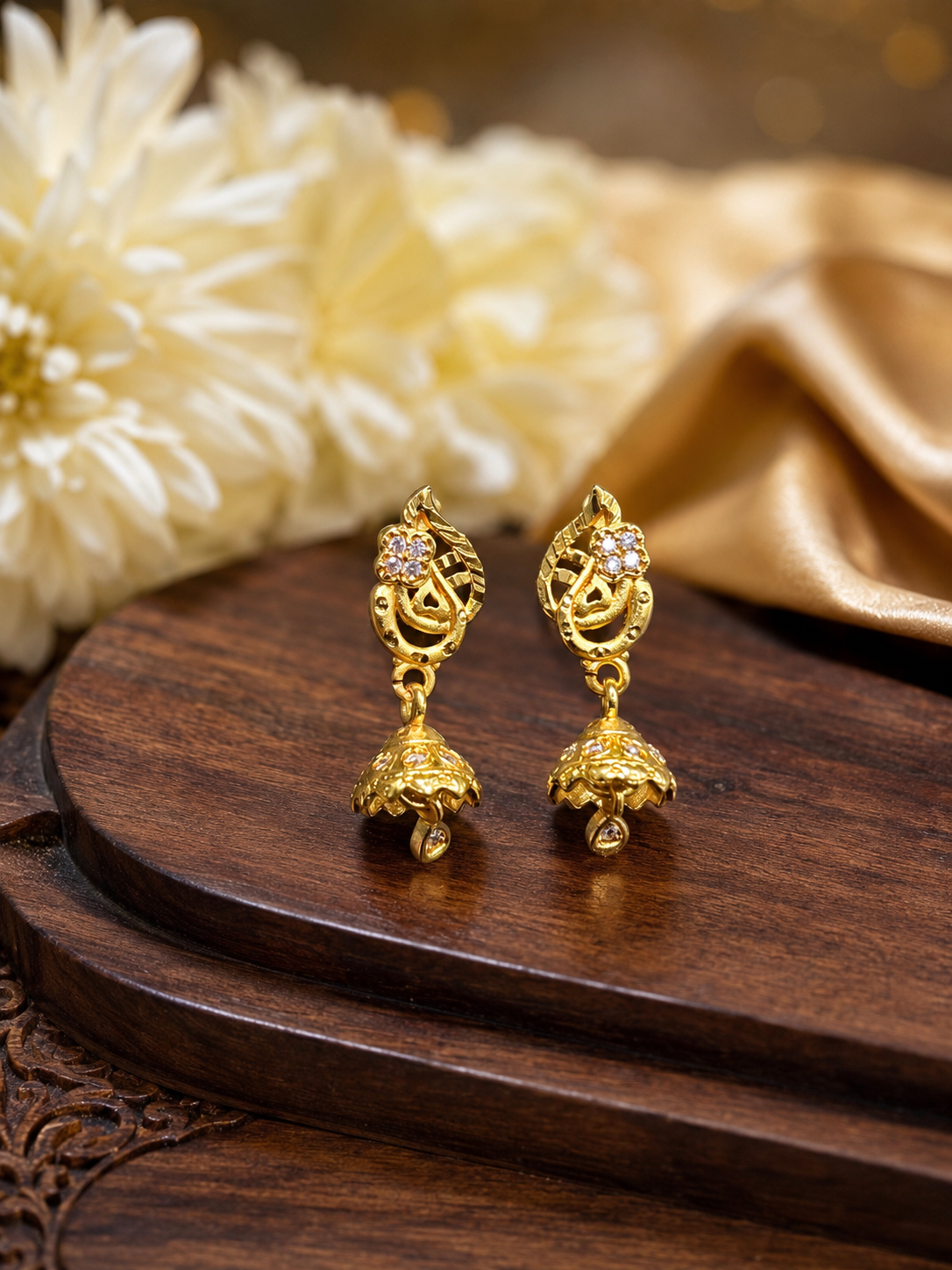 Floral Leaf Design Gold-Plated Mini Jhumka Earrings
