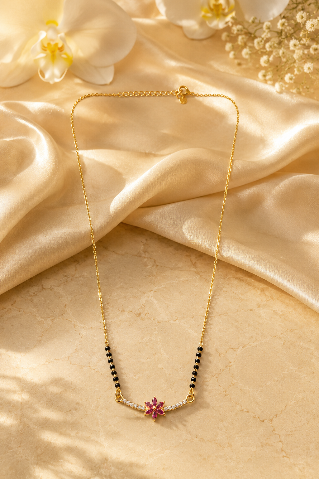 Gold-Plated Pink Floral CZ Mangalsutra for Women | Ruby Flower Pendant Black Bead Chain Necklace | Elegant Daily Wear Traditional Jewellery