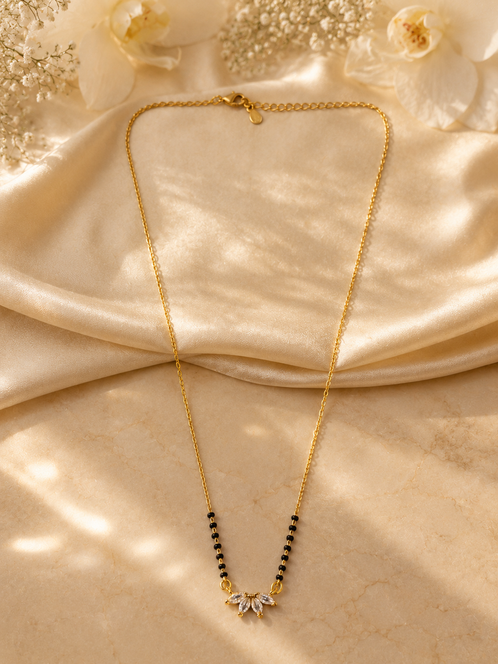 Elegant Gold-Plated CZ Floral Mangalsutra for Women | Minimal Black Bead Chain Necklace | Traditional Daily Wear Jewellery