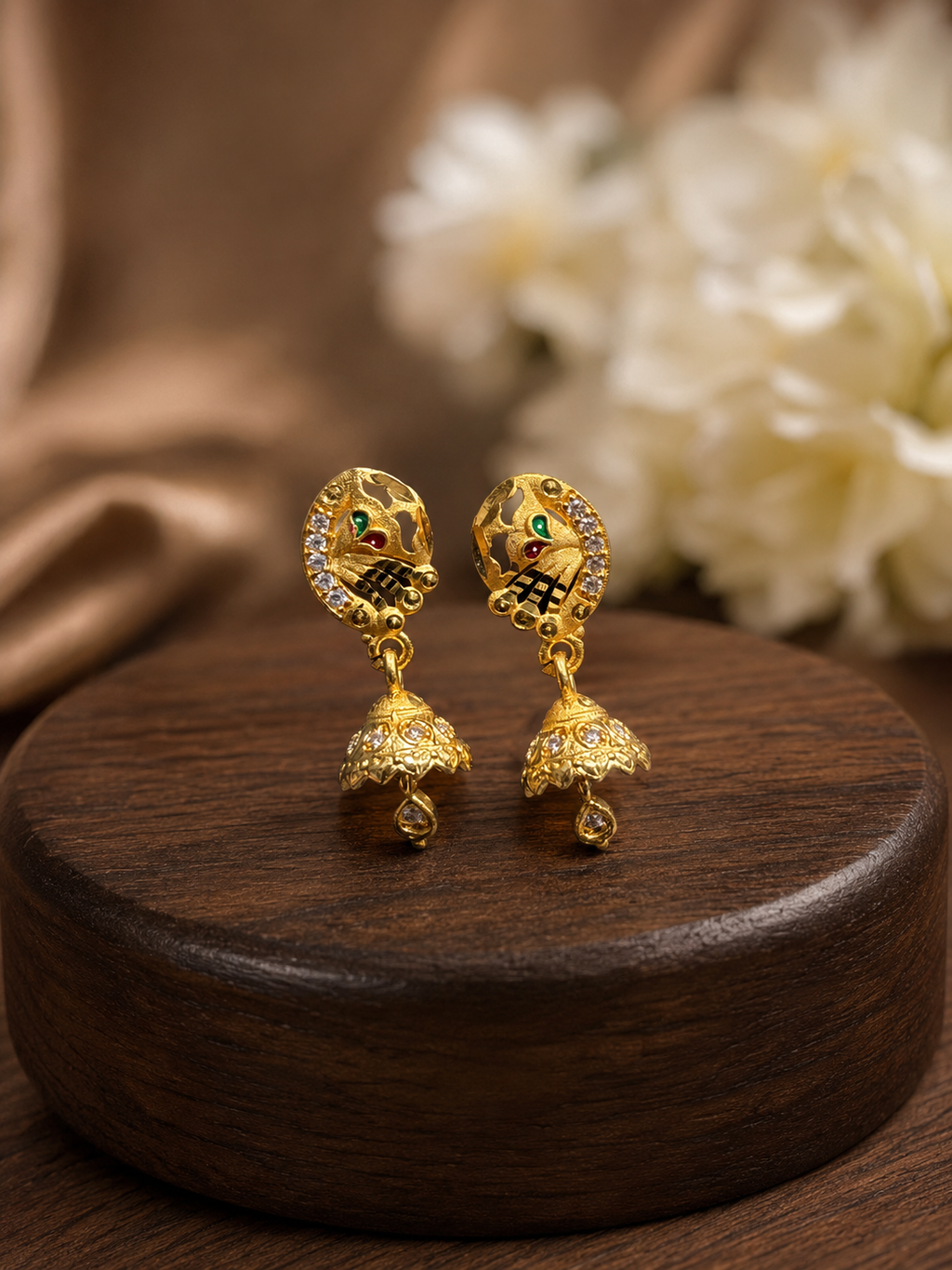Royal Peacock Gold-Plated Jhumka Drop Earrings with Multicolor Enamel & Crystal Stones