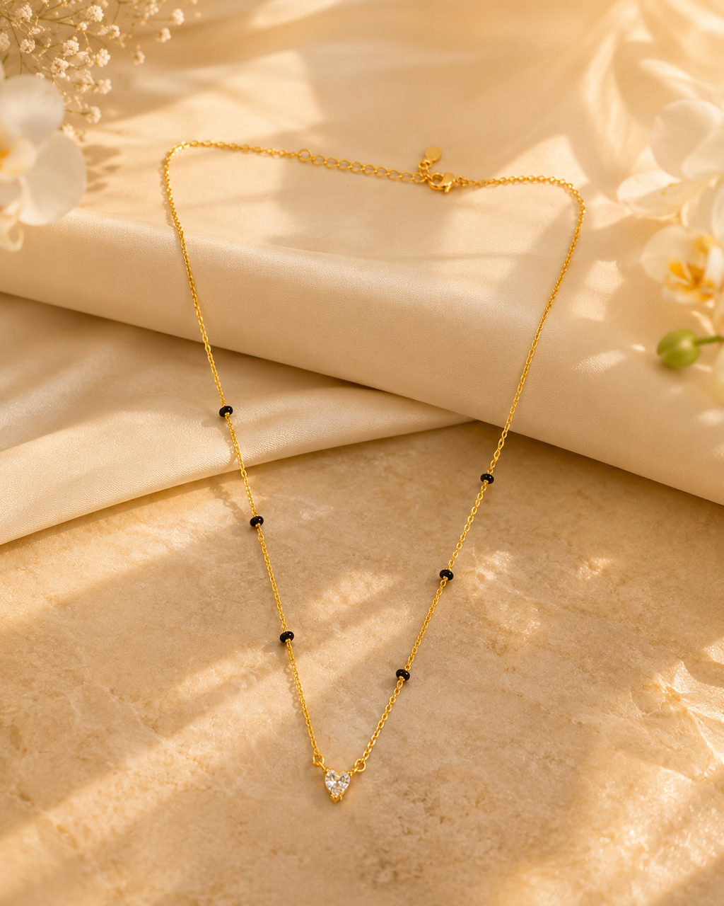 Gold-Tone Black Bead White Heart Pendant Mangalsutra Necklace for Women