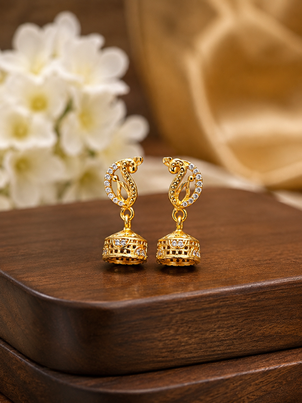 Peacock Grace Crystal Gold-Tone Bell Jhumka Earrings