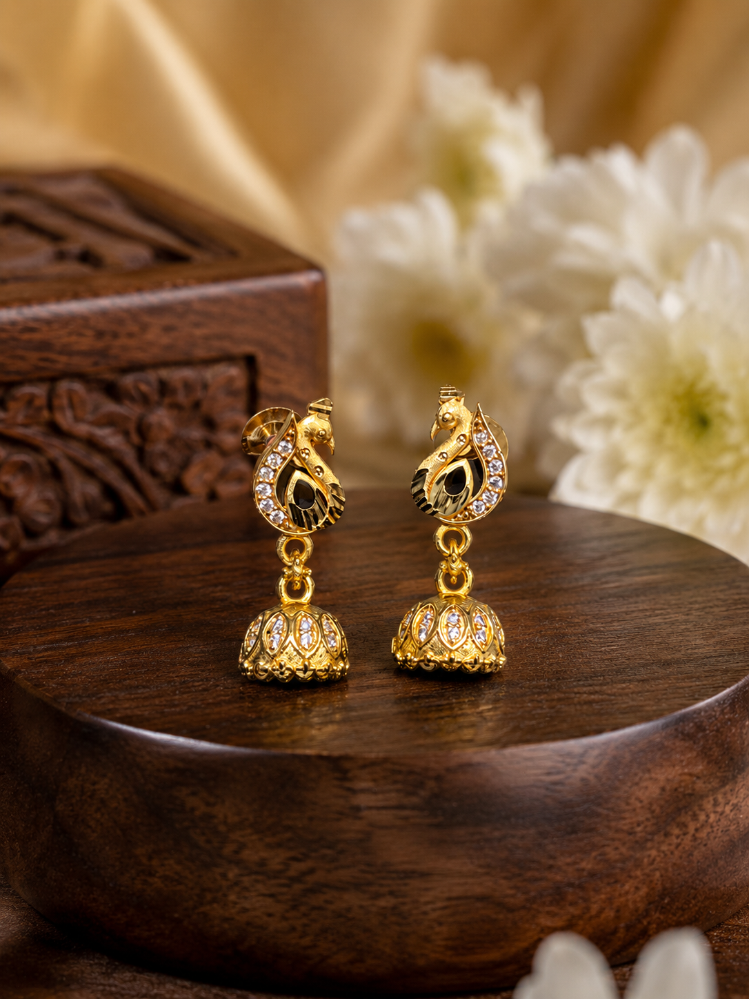 Royal Peacock Black Stone Gold-Tone Jhumka Earrings