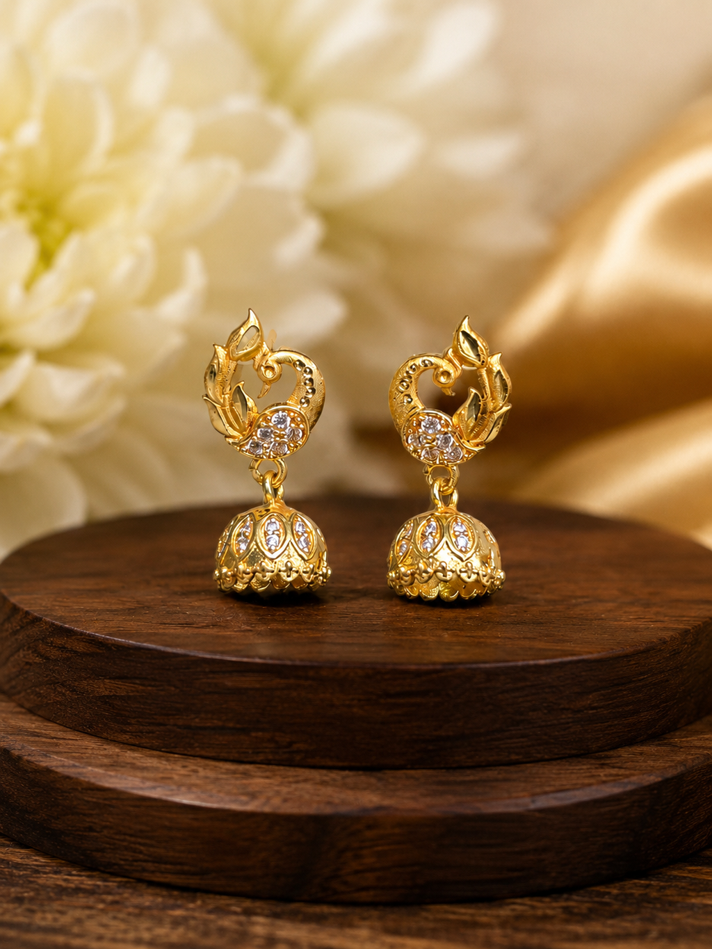 Golden Peacock Floral Jhumka Earrings with Sparkling Stones