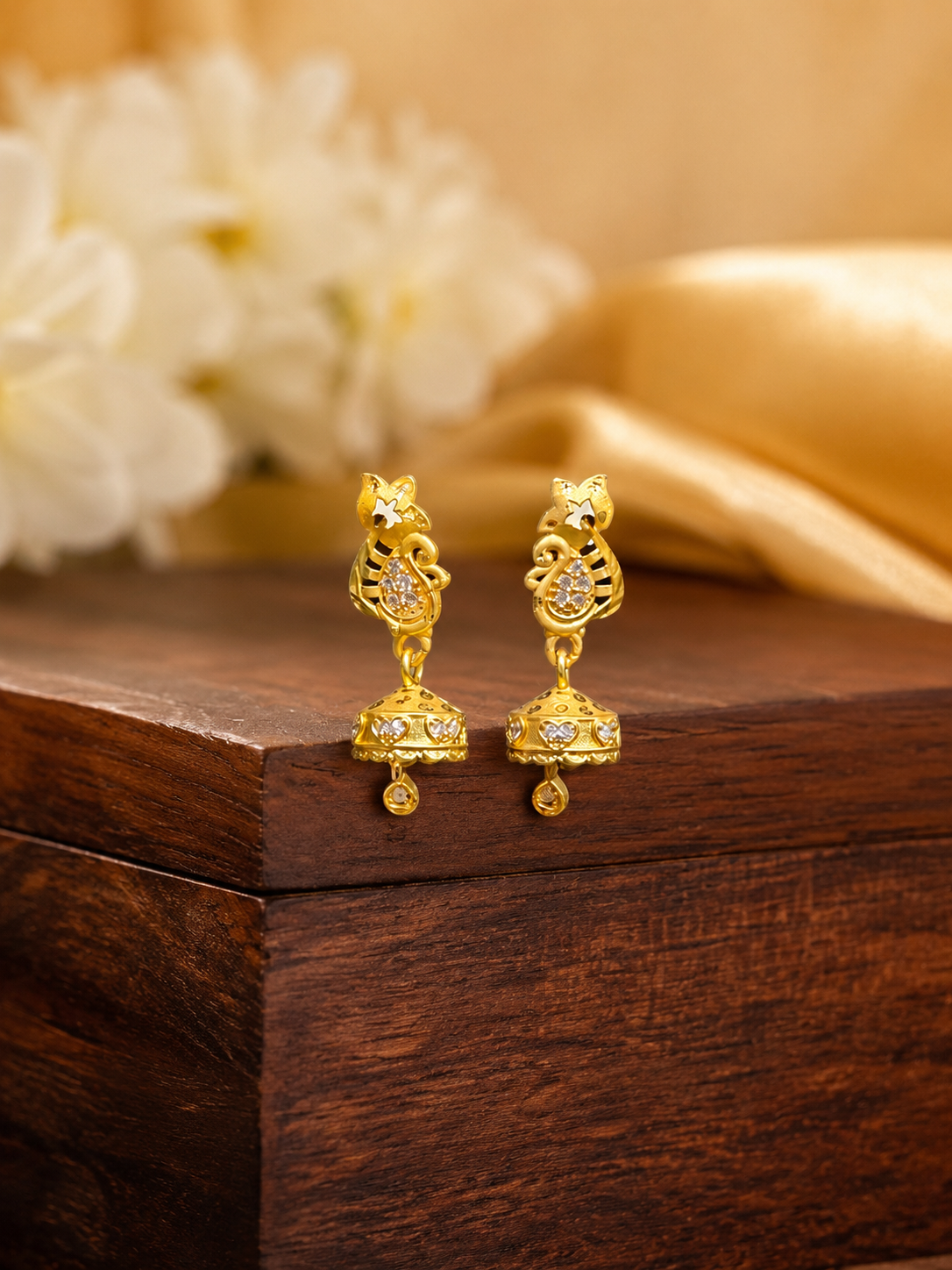Elegant Gold-Tone Peacock Jhumka Earrings with Crystal Detailing
