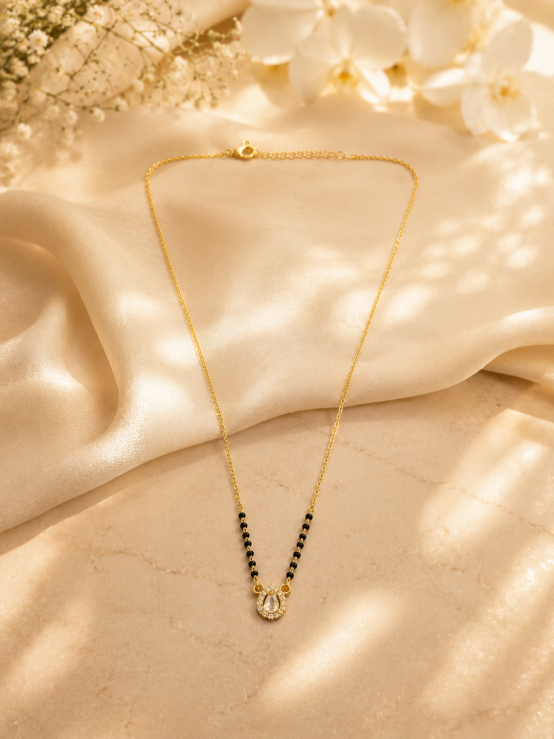 Elegant Gold-Plated CZ Teardrop Halo Mangalsutra for Women | Minimal Black Bead Chain | Traditional Daily Wear Necklace