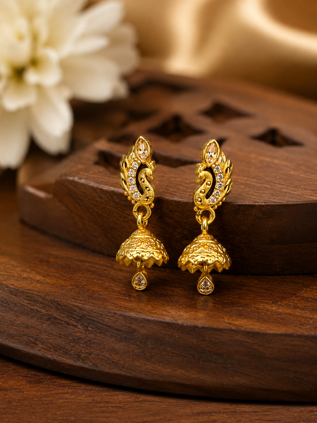 Golden Peacock Jhumka Drop Earrings with Crystal Stones