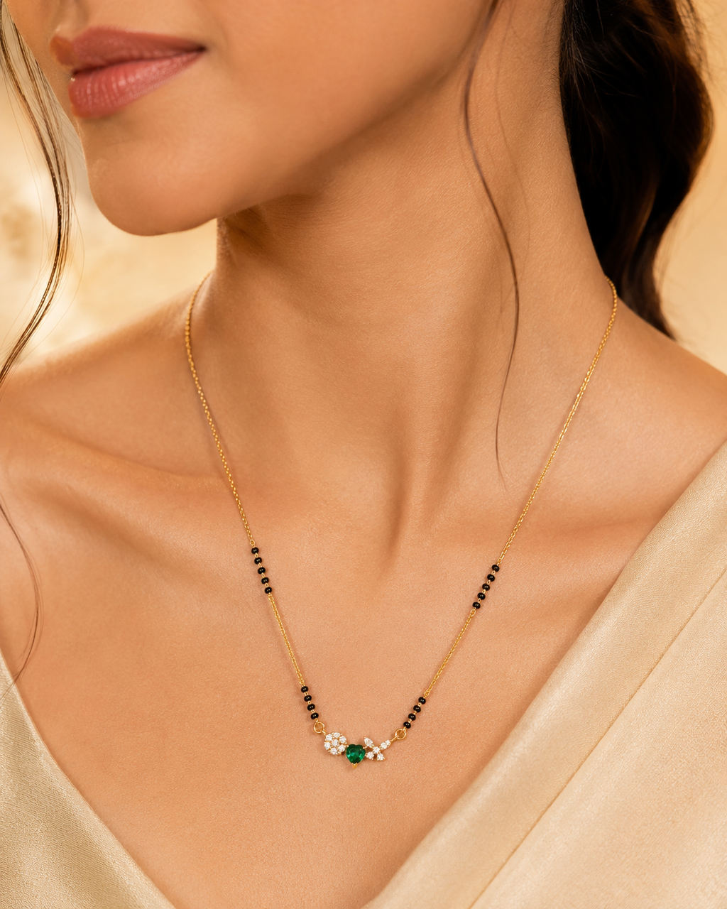 Gold-Plated Green Heart CZ Mangalsutra for Women | Floral & Butterfly Pendant Black Bead Chain Necklace | Elegant Daily Wear Jewellery