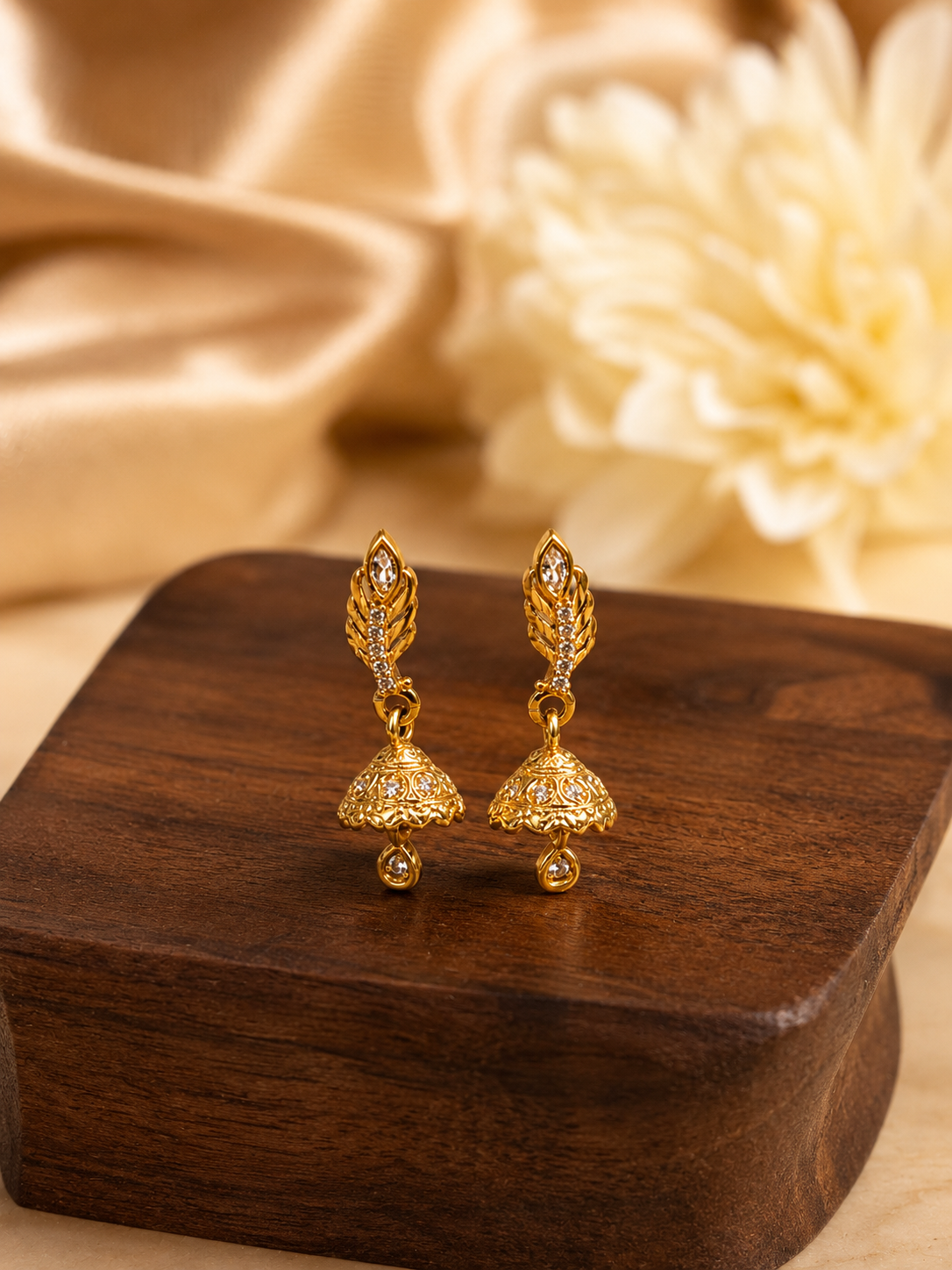 Elegant Gold-Tone Leaf Design Crystal Jhumka Drop Earrings
