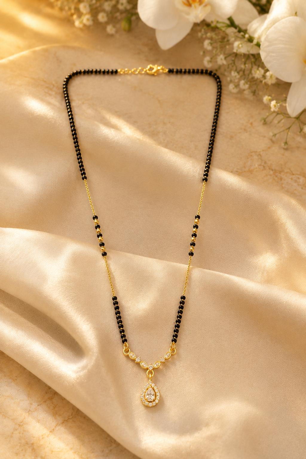 Gold-Plated CZ Teardrop Pendant Mangalsutra for Women | Elegant Black Bead Chain Necklace | Minimal Daily Wear Traditional Jewellery