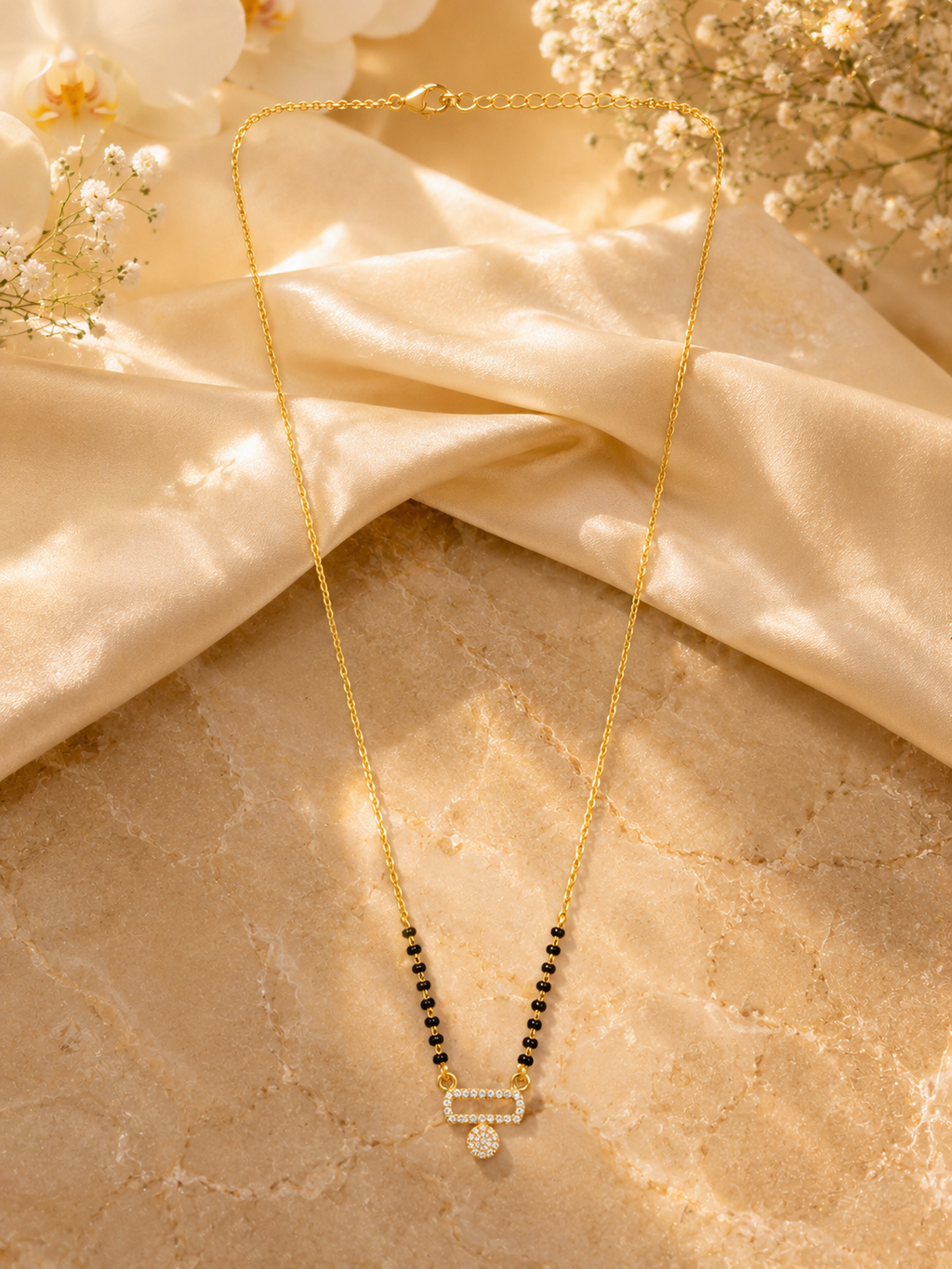 Elegant Gold-Plated CZ Geometric Drop Mangalsutra for Women | Minimal Black Bead Chain Necklace | Traditional Daily Wear Jewellery