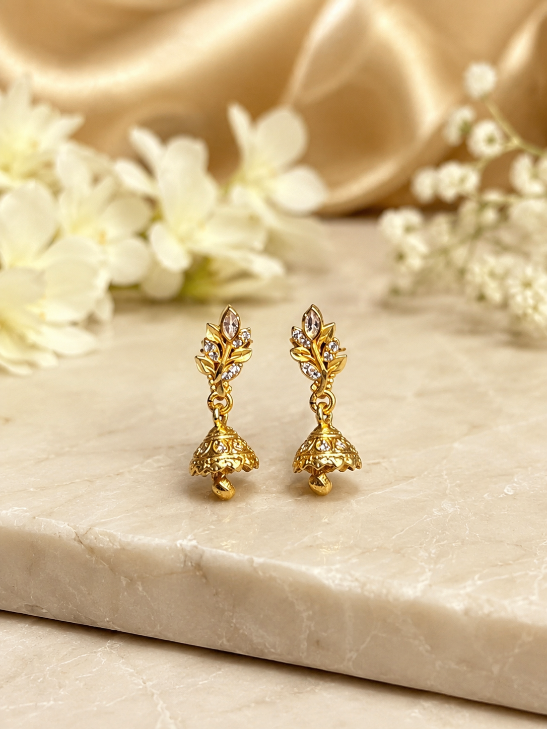 Elegant Gold-Plated Floral Jhumka Earrings with CZ Stones