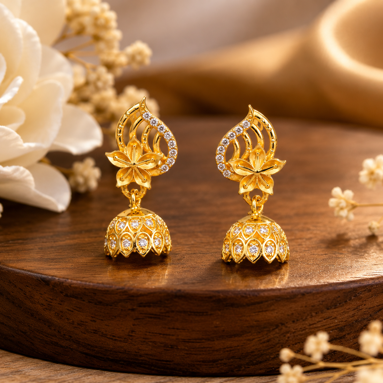 Golden Floral Leaf Design CZ Jhumka Earrings for Women