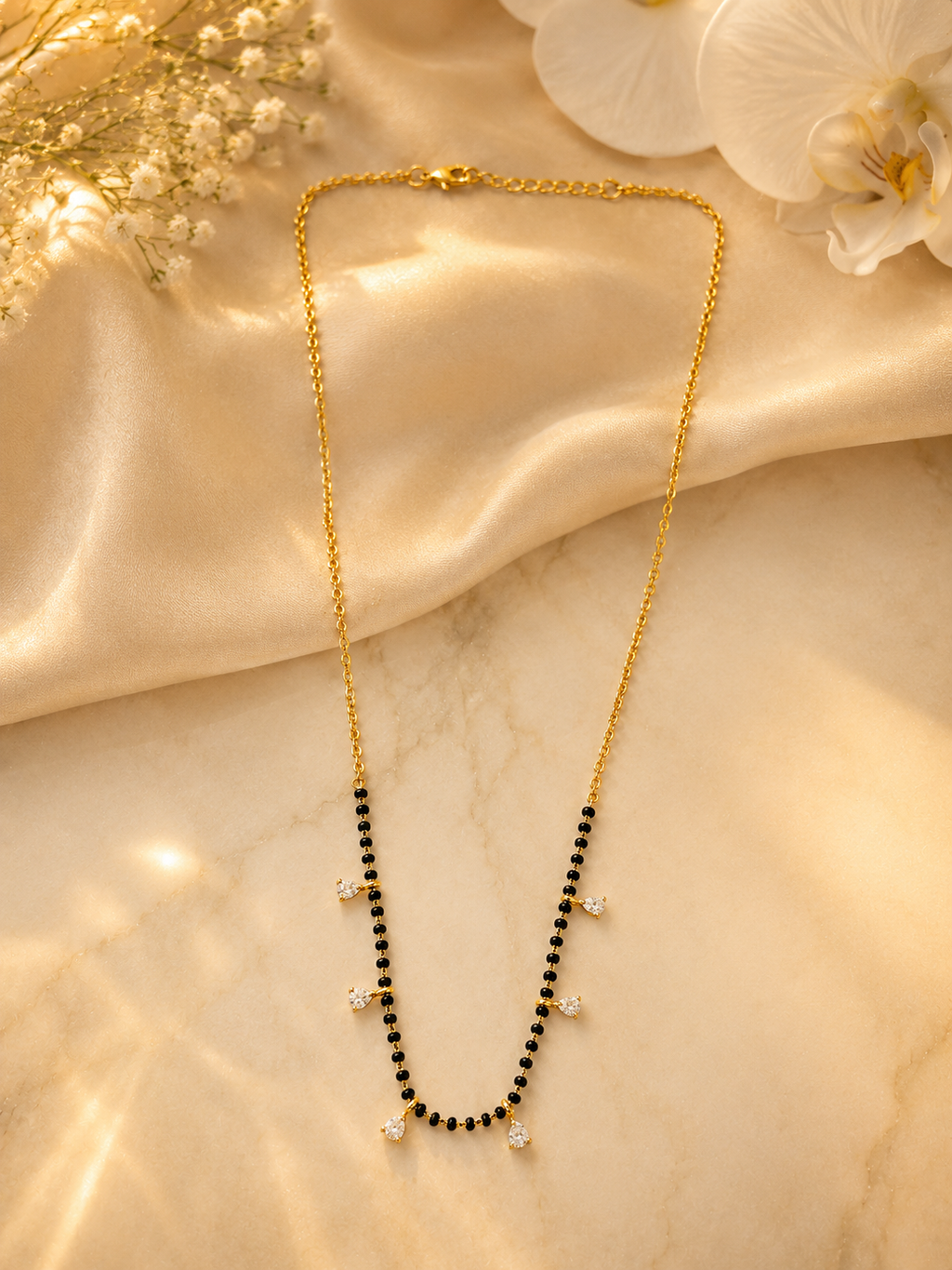 Elegant Gold-Plated CZ Charm Mangalsutra for Women | Minimal Black Bead Chain Necklace | Traditional Daily Wear Jewellery