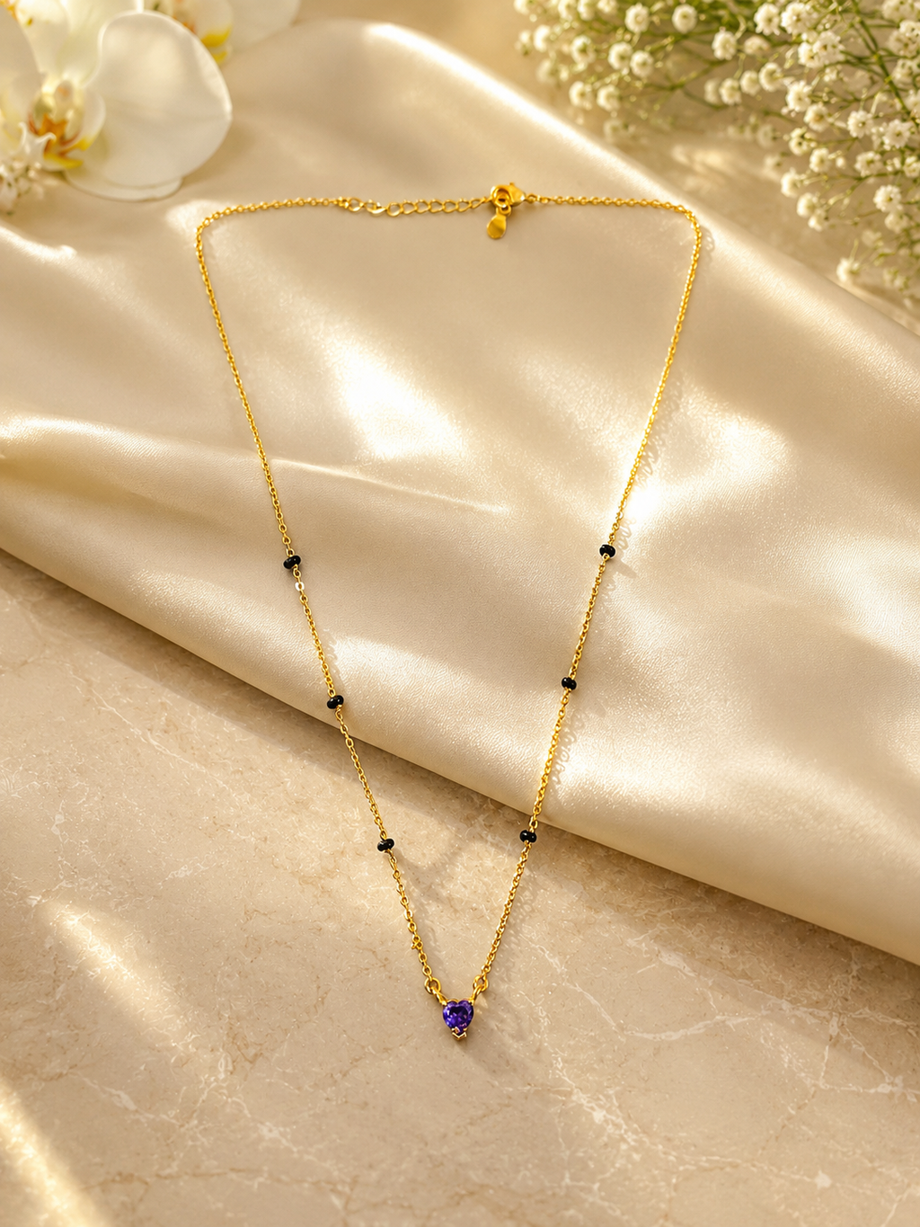 Gold-Tone Black Bead Blue Heart Pendant Mangalsutra Necklace for Women