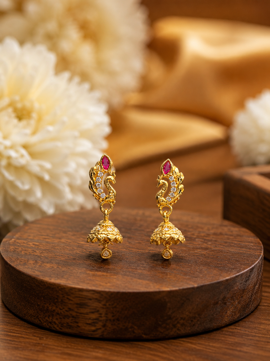 Royal Peacock Ruby Stone Gold-Plated Jhumka Earrings