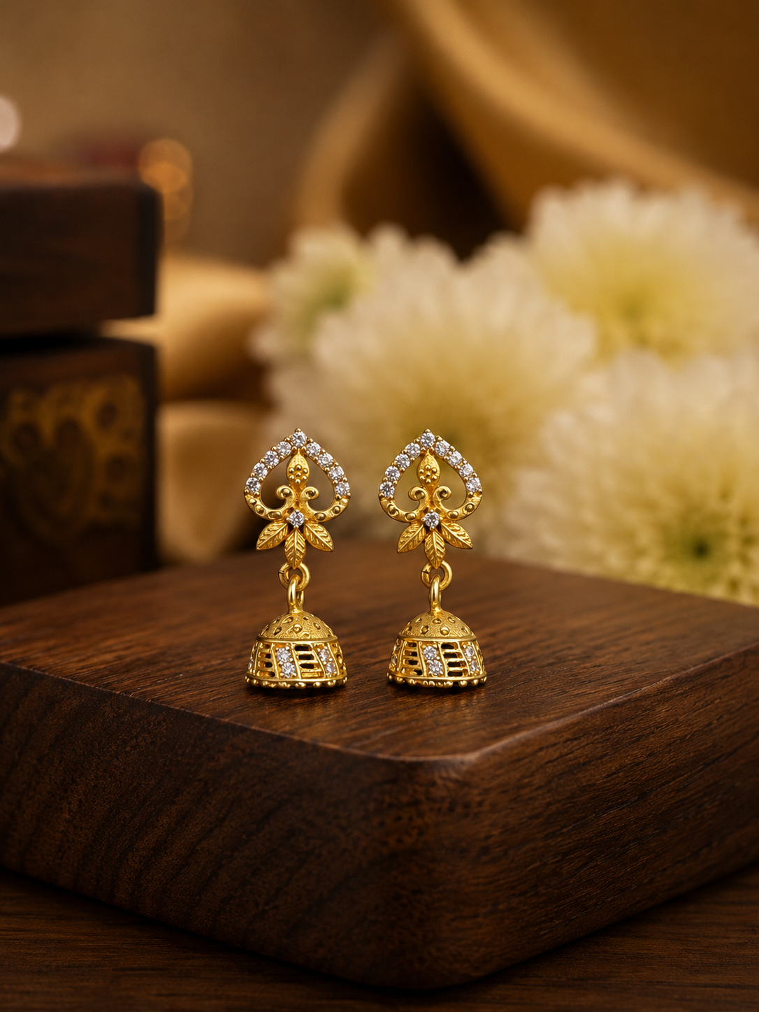 Gold-Plated Royal Leaf AD Stone Jhumka Earrings for Women
